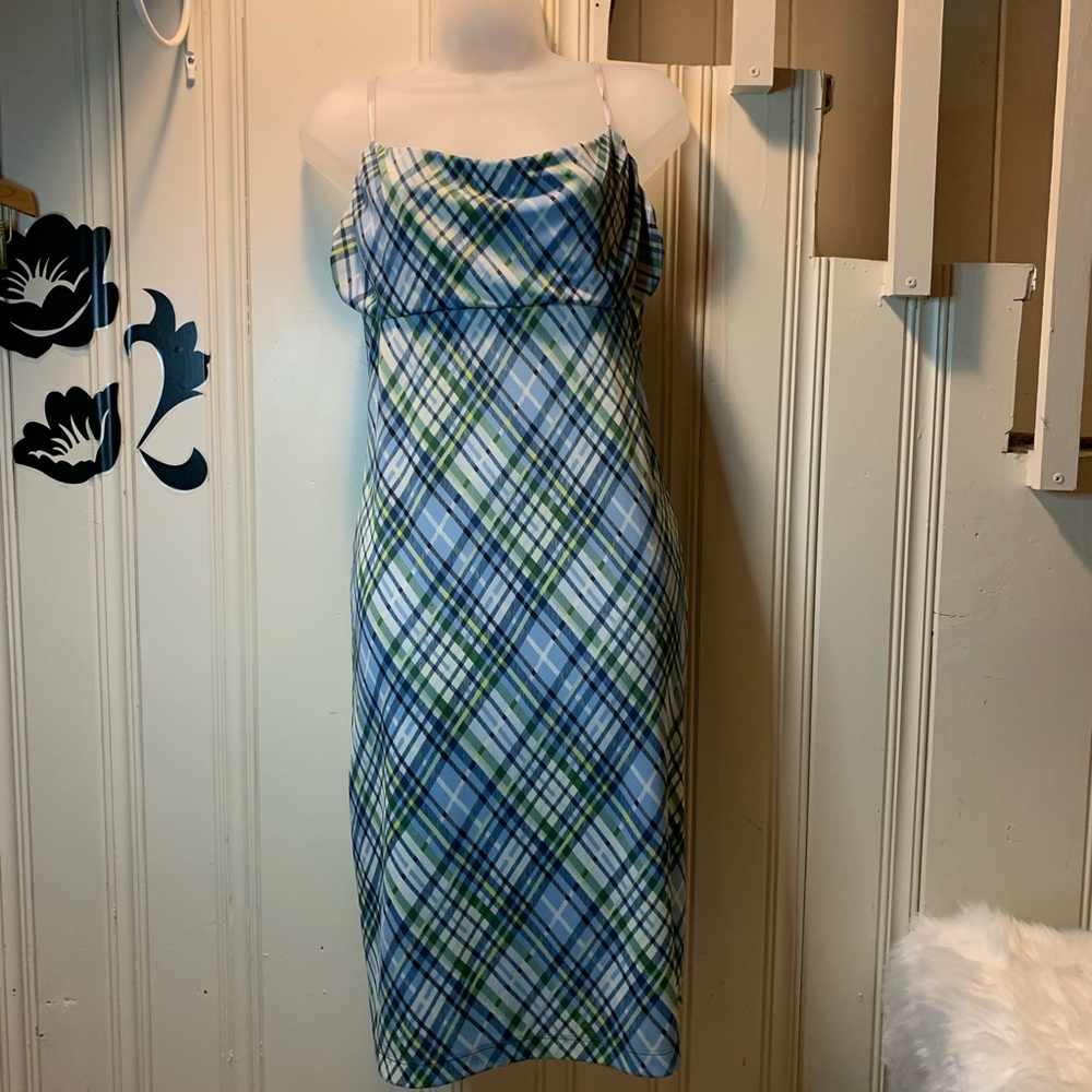 BCBG MaxAzria blue green plaid slip dress M / L